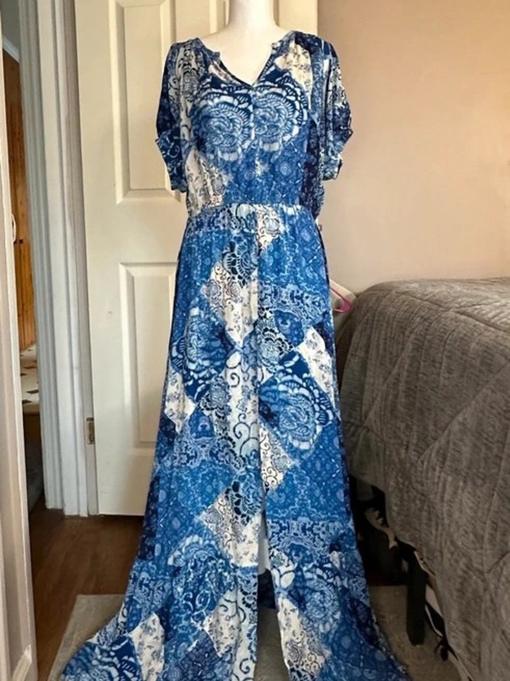 Blue Floral Patchwork V-Neck Maxi Dress